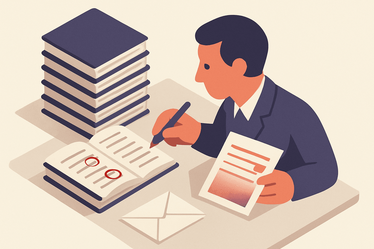 A clerk each morning reading a tall stack of logbooks, circling the red entries, and sealing a one-page daily summary into an envelope.