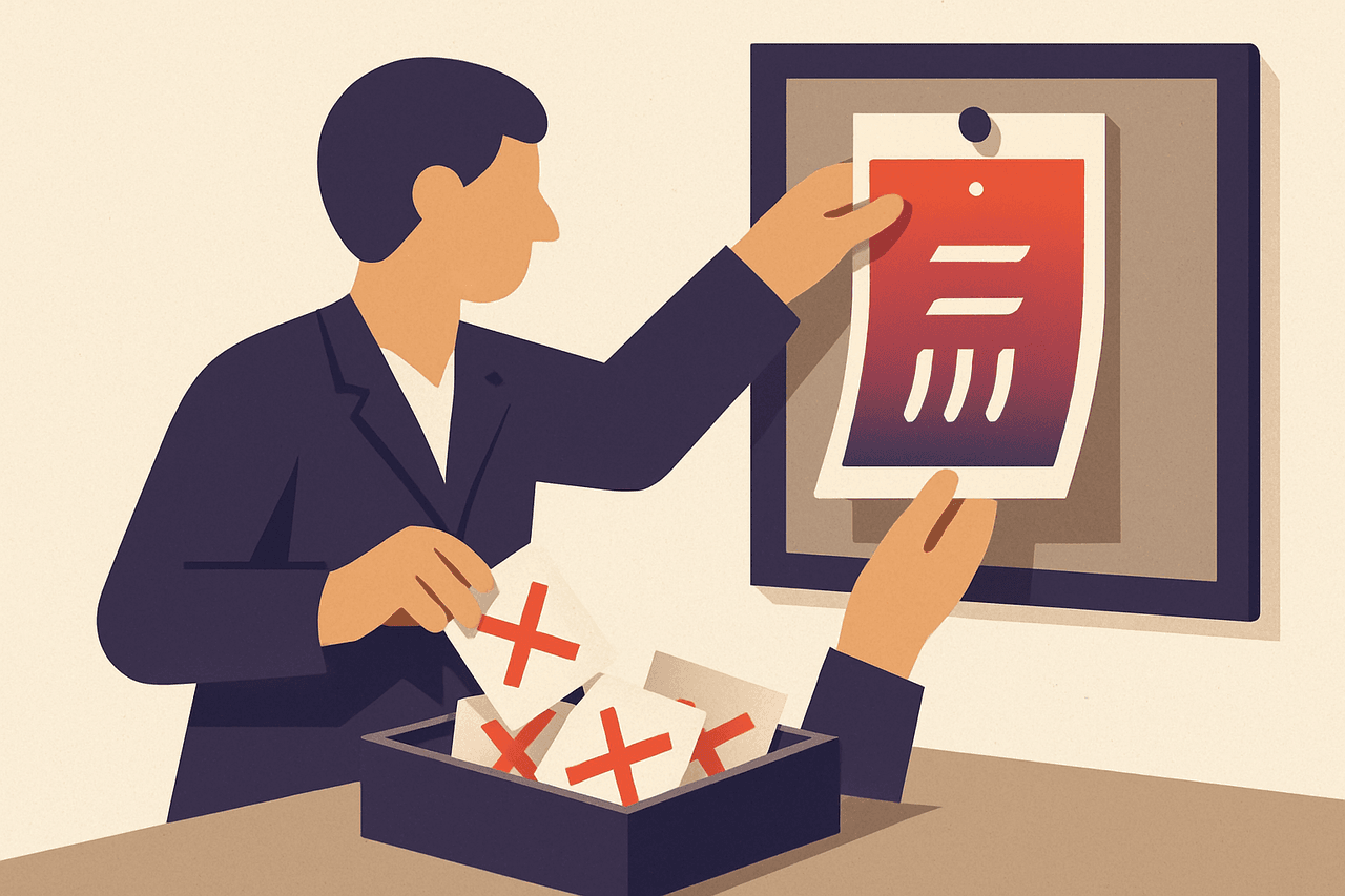 A clerk pulling rejected entry slips stamped with a red X from an inbox, tallying them, and pinning a single dated summary sheet to a corkboard.