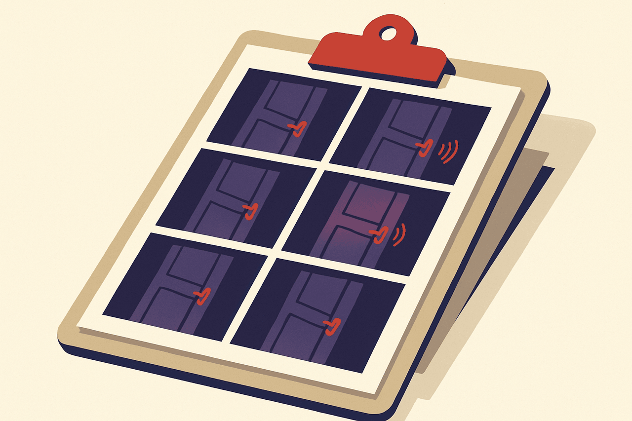 A stack of night-time security-camera stills of a locked door being rattled, collected into a single morning summary sheet on a clipboard.