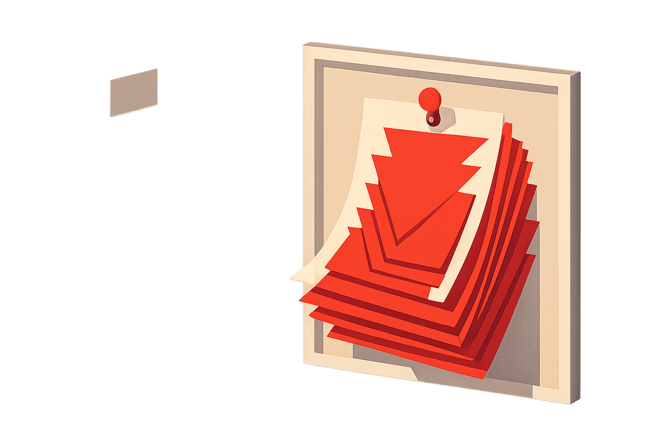 Each morning a stack of red rejection slips is gathered from many office doors and pinned to a single daily notice board.