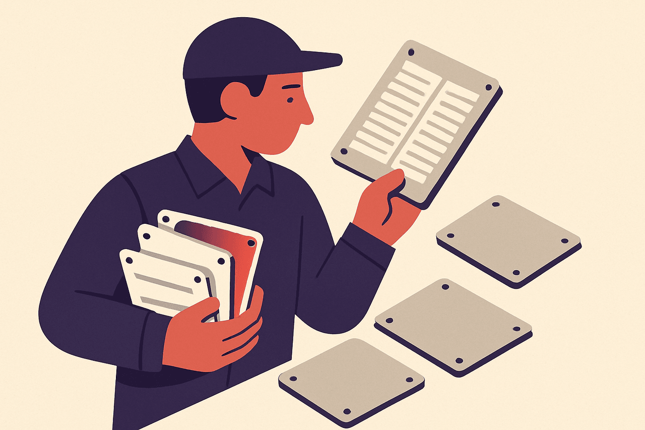 A technician holding a stack of machine nameplates, checking each one against a phone directory and setting aside the nameplates that have no matching entry