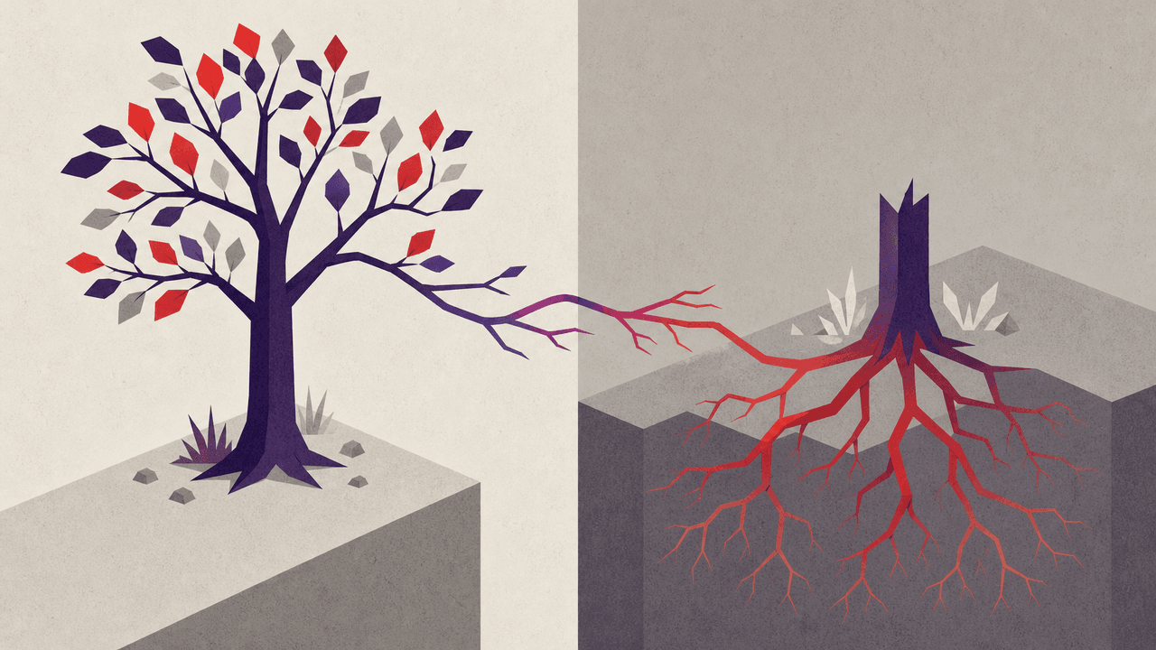 A geometric illustration of two trees with intertwined roots and branches crossing an unmarked dividing line between them, representing group memberships that have spread across domain boundaries.