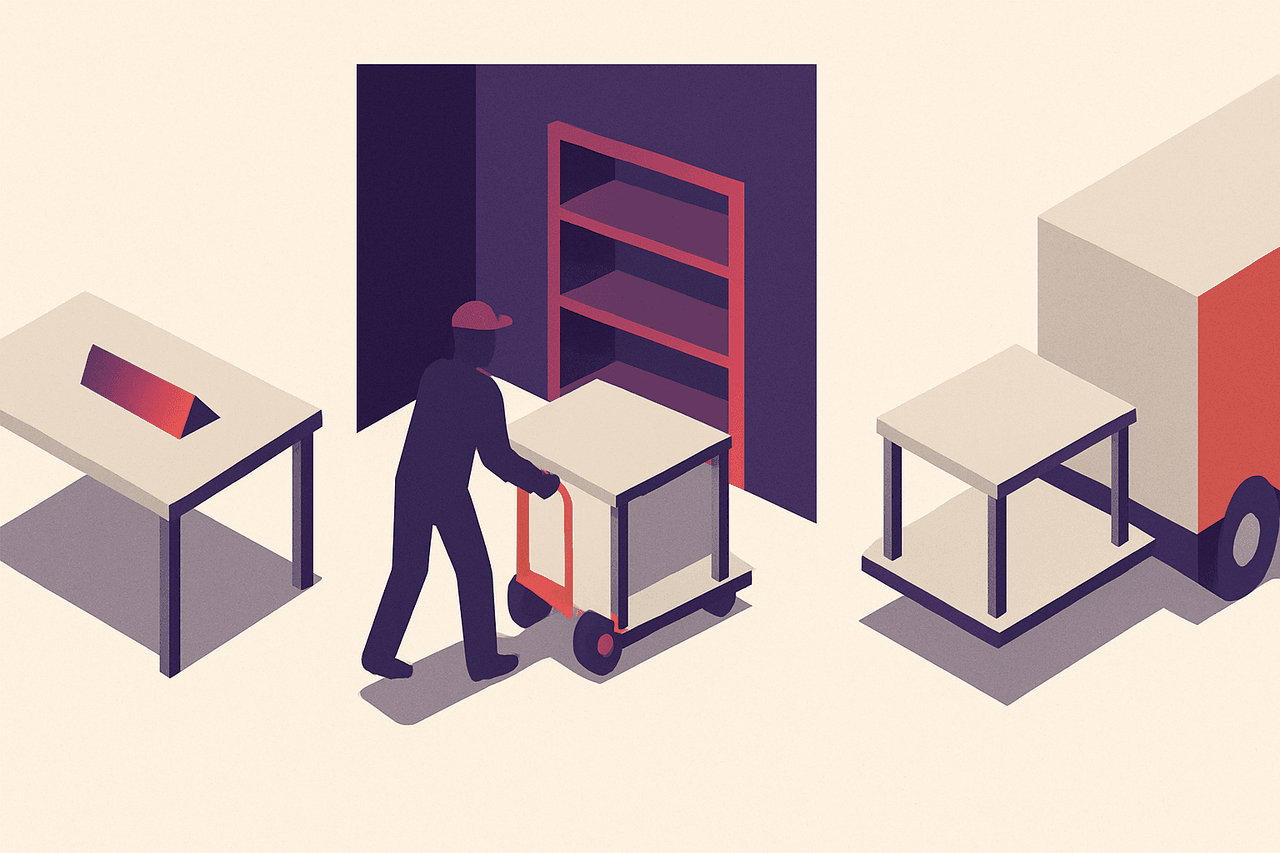 A worker's desk being cleared in three stages — a nameplate flipped face-down, the desk wheeled into a back storeroom, then the empty desk finally hauled out to a truck weeks later.