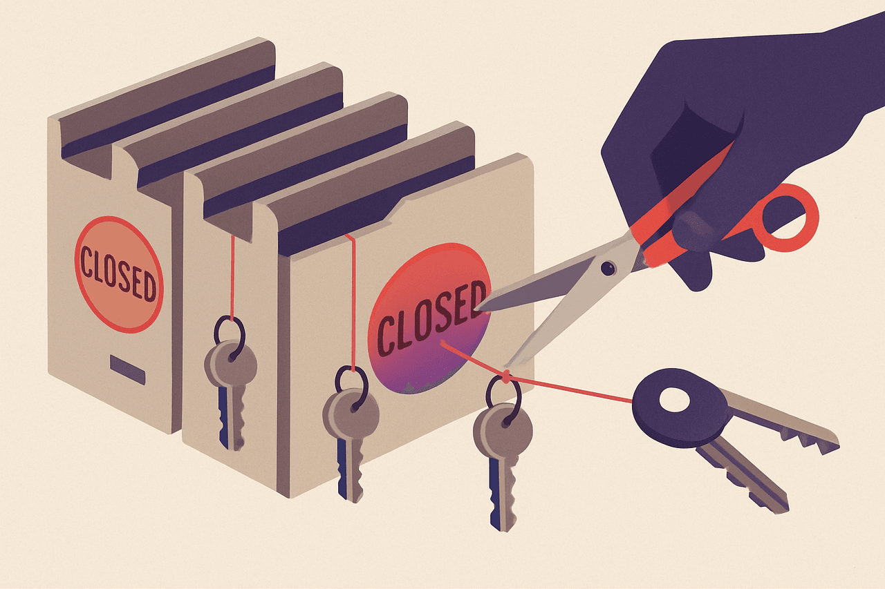 A row of filing cabinet folders marked with a red "closed" stamp, but each still tied by a string to a set of keys on a ring, and a hand about to snip the strings.