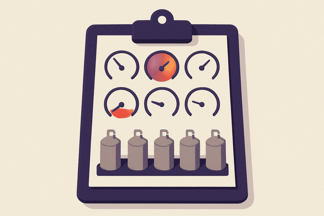 A single clipboard collecting fuel-gauge readings from a row of storage tanks, each gauge showing how full it is, gathered into one summary sheet.