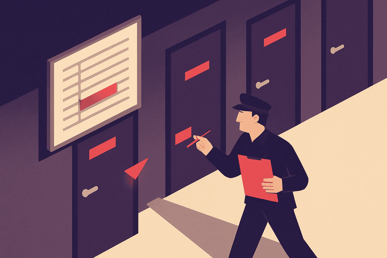 A night watchman with a clipboard walking a row of doors, comparing each door's nameplate against a framed master list on the wall, and flagging the one nameplate that has been swapped for a different one.