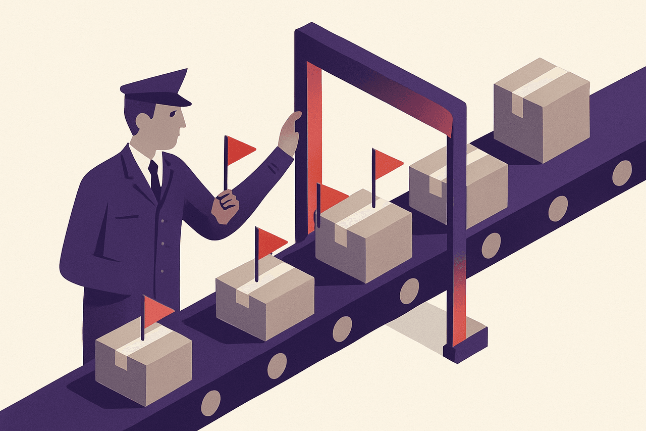 A uniformed inspector at a gate watching parcels move along a conveyor belt, tagging a few with red flags and lifting a barrier to stop one, while the rest pass through.