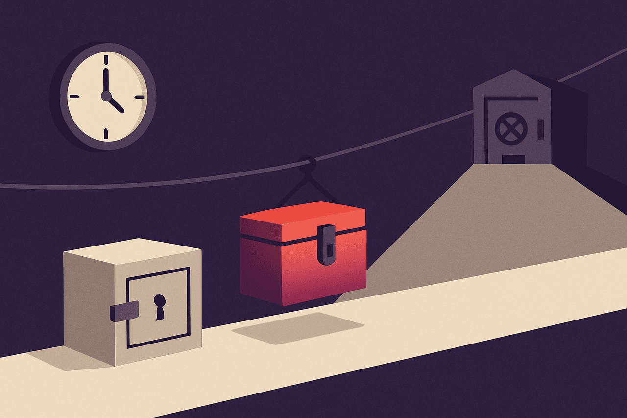A sealed strongbox being duplicated, the copy carried along a taut wire to a vault on a distant hill, with a wall clock showing the same late-night hour each day.