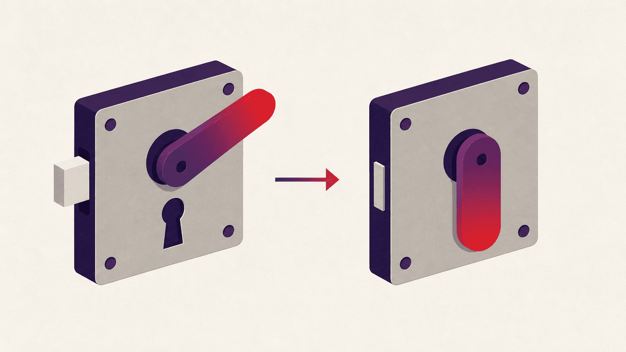 A geometric padlock illustration in the process of rotating closed, symbolizing security policy enforcement being activated.