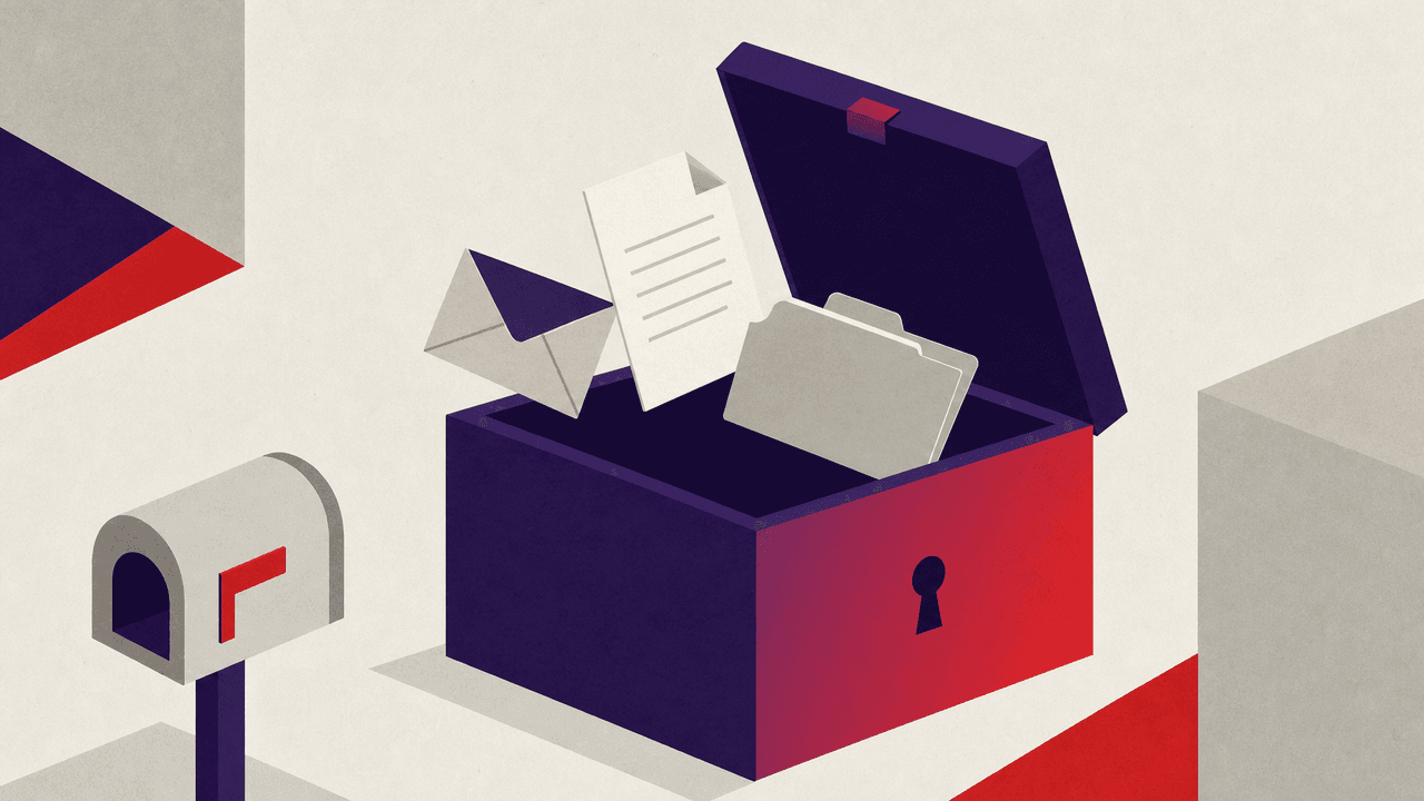 A flat geometric illustration showing stacked documents sliding into an encrypted safe or chest with a padlock.