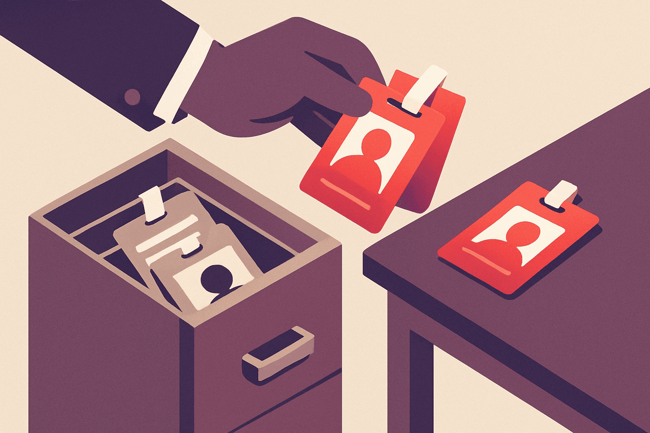 an inspector pulling a handful of never-activated employee badges from a filing drawer and setting them aside on a desk, the used badges left in place
