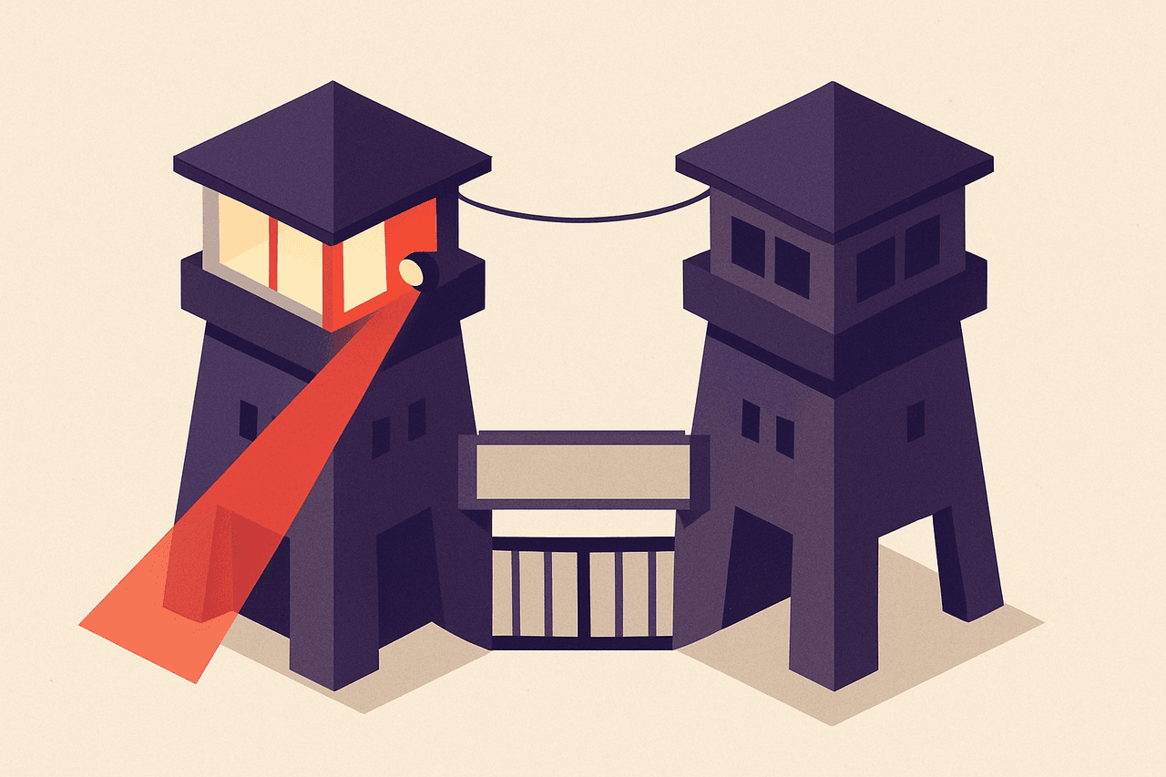 Two identical guard towers linked by a short cable, one lit and watching the gate while the second stands dark but ready, a single shared nameplate between them
