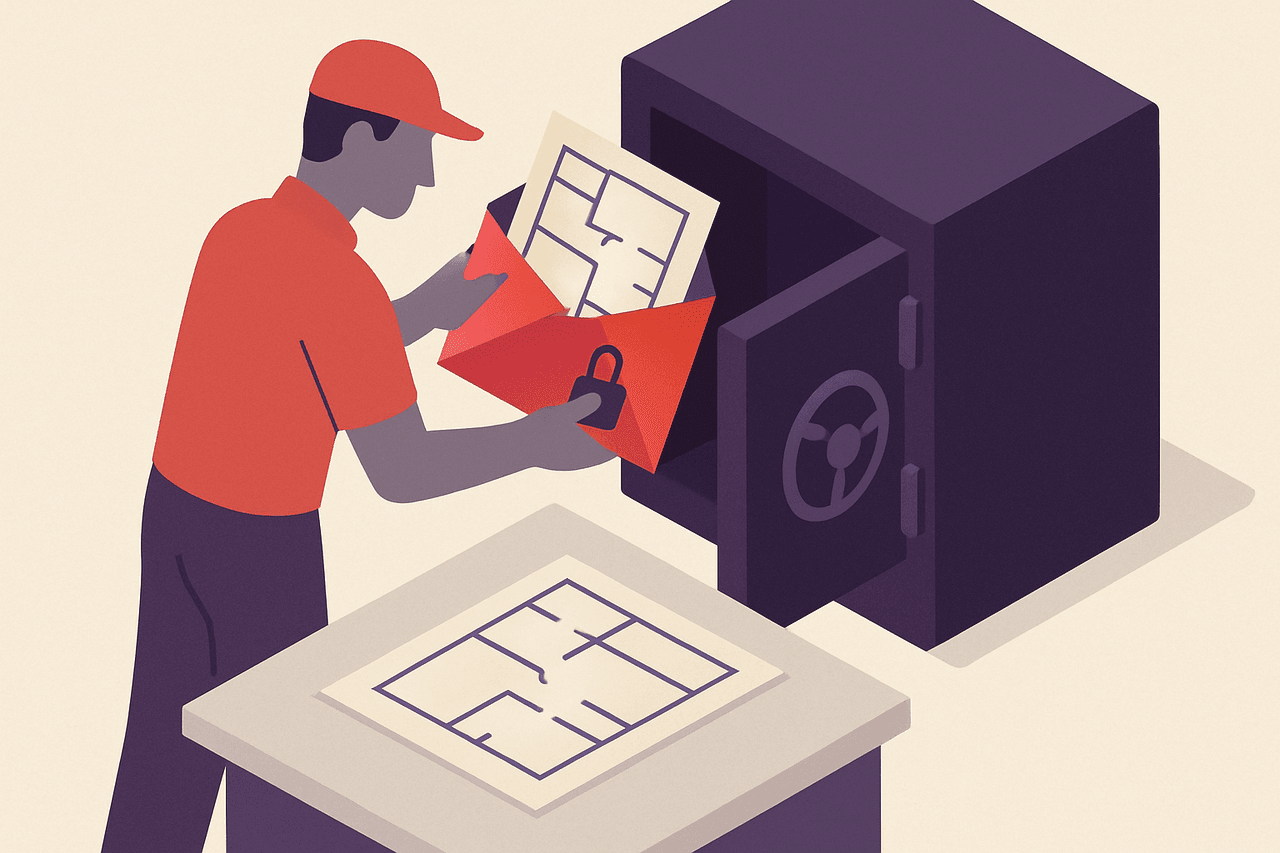A technician sealing a copy of an important blueprint into a padlocked envelope and placing it in a safe, with an identical spare blueprint ready on the desk to swap back in.