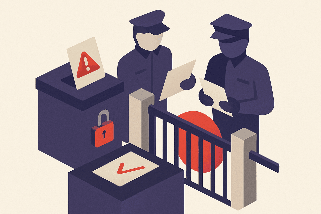 A guarded checkpoint where address-lookup slips are inspected one by one — some stamped "allowed" and passed through the gate, others marked with a warning symbol and dropped into a locked bin.