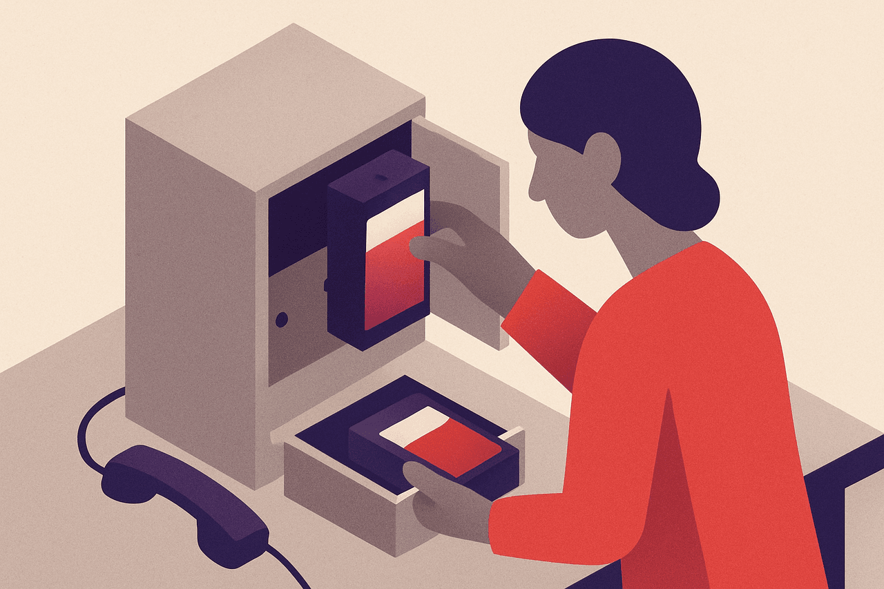 A person carefully swapping one labelled cartridge for another inside a humming metal box, with a spare cartridge kept in a drawer and a phone-line handset still plugged in beside them.