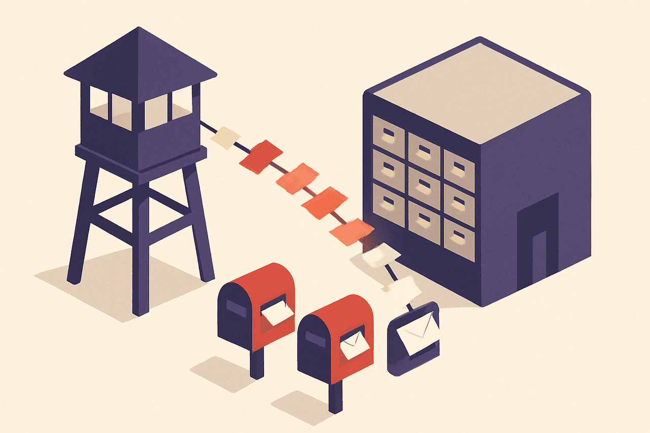 A guard tower with a stream of small paper notes flowing along a wire into a large filing warehouse, copies of each note dropping into two separate mailboxes