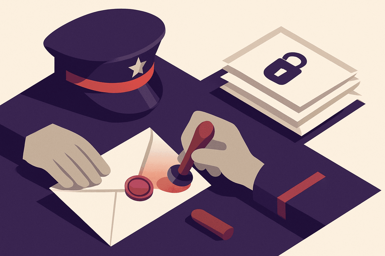 A postal inspector opening and re-sealing letters with an official wax stamp, while a separate stack of letters marked with a padlock is set aside untouched