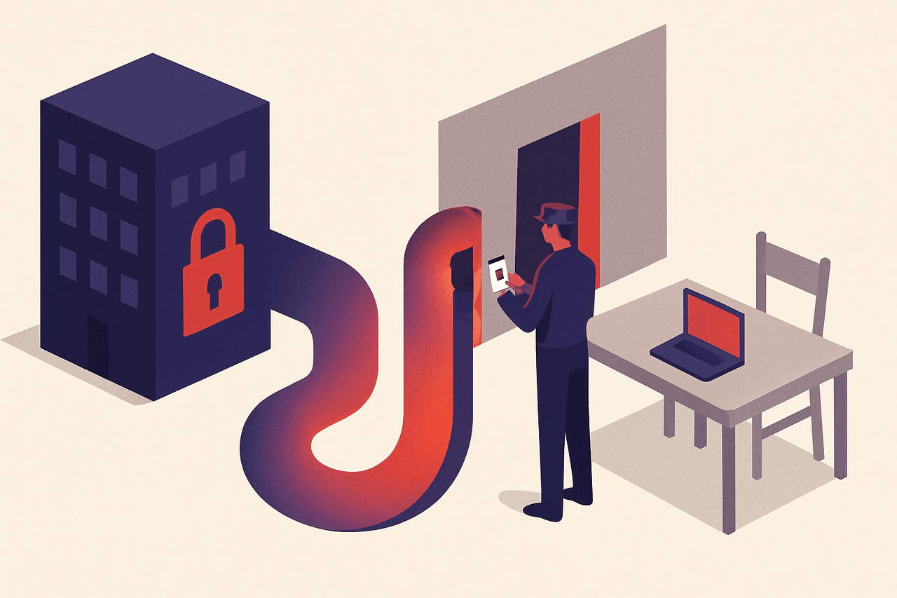 A locked office building with a glowing secure tunnel stretching out to a laptop at a kitchen table, a guard checking an ID badge where the tunnel meets the wall