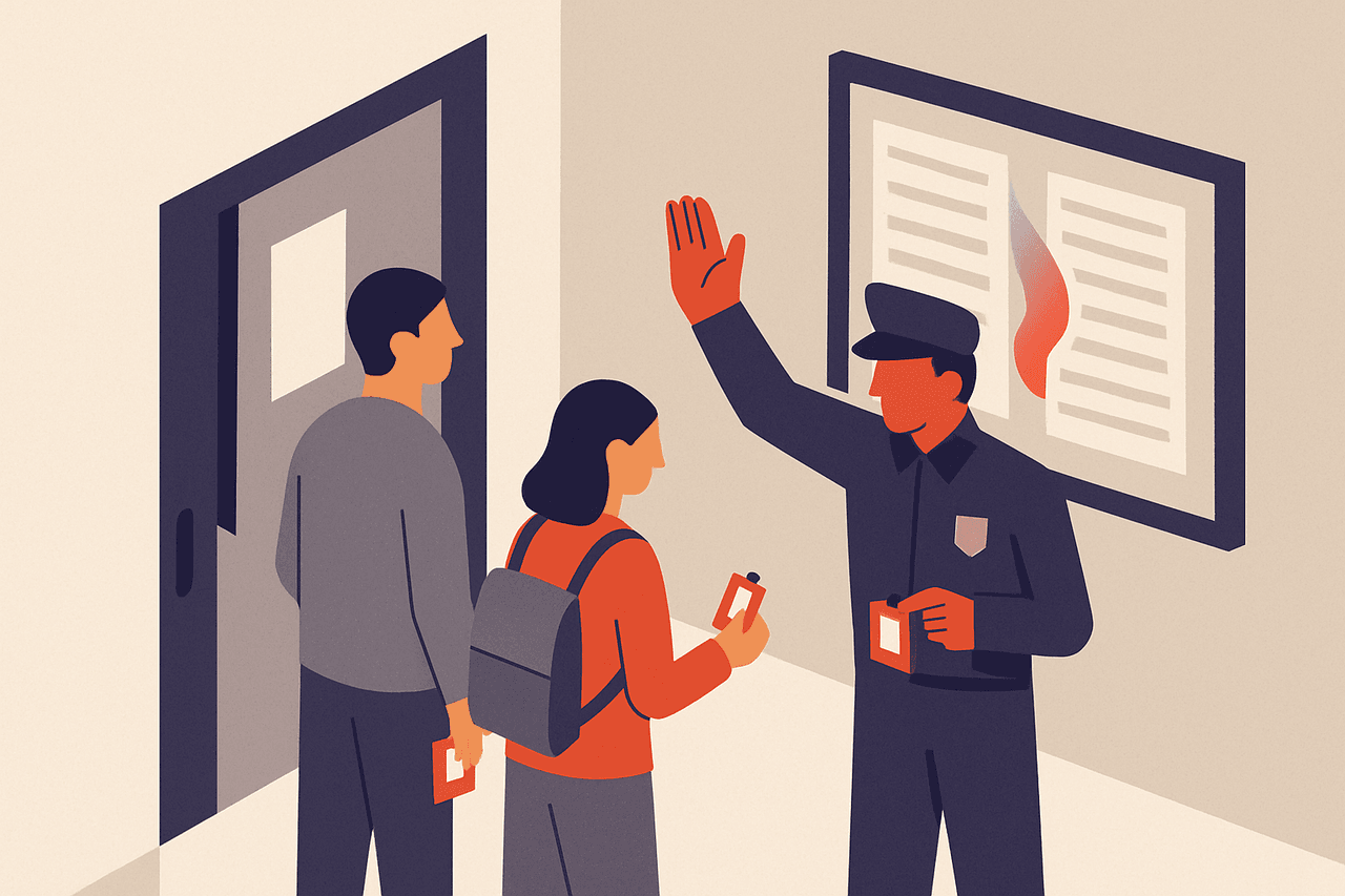 A security guard at a building exit checking each person's badge against a posted list of allowed and blocked destinations, waving some through and turning others back