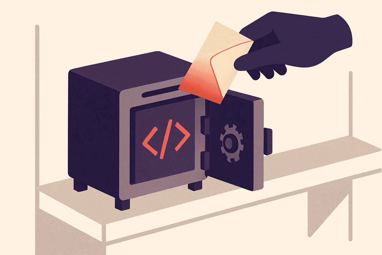 a small self-hosted code vault standing open on a public shelf while someone slips a folded note through its slot