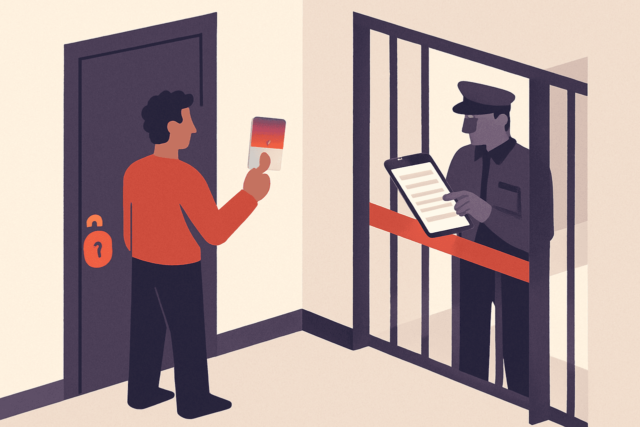 A locked office door with a single remote worker outside holding a numbered key card, a guard inside checking it against a list before opening an inner gate to the building's corridors.