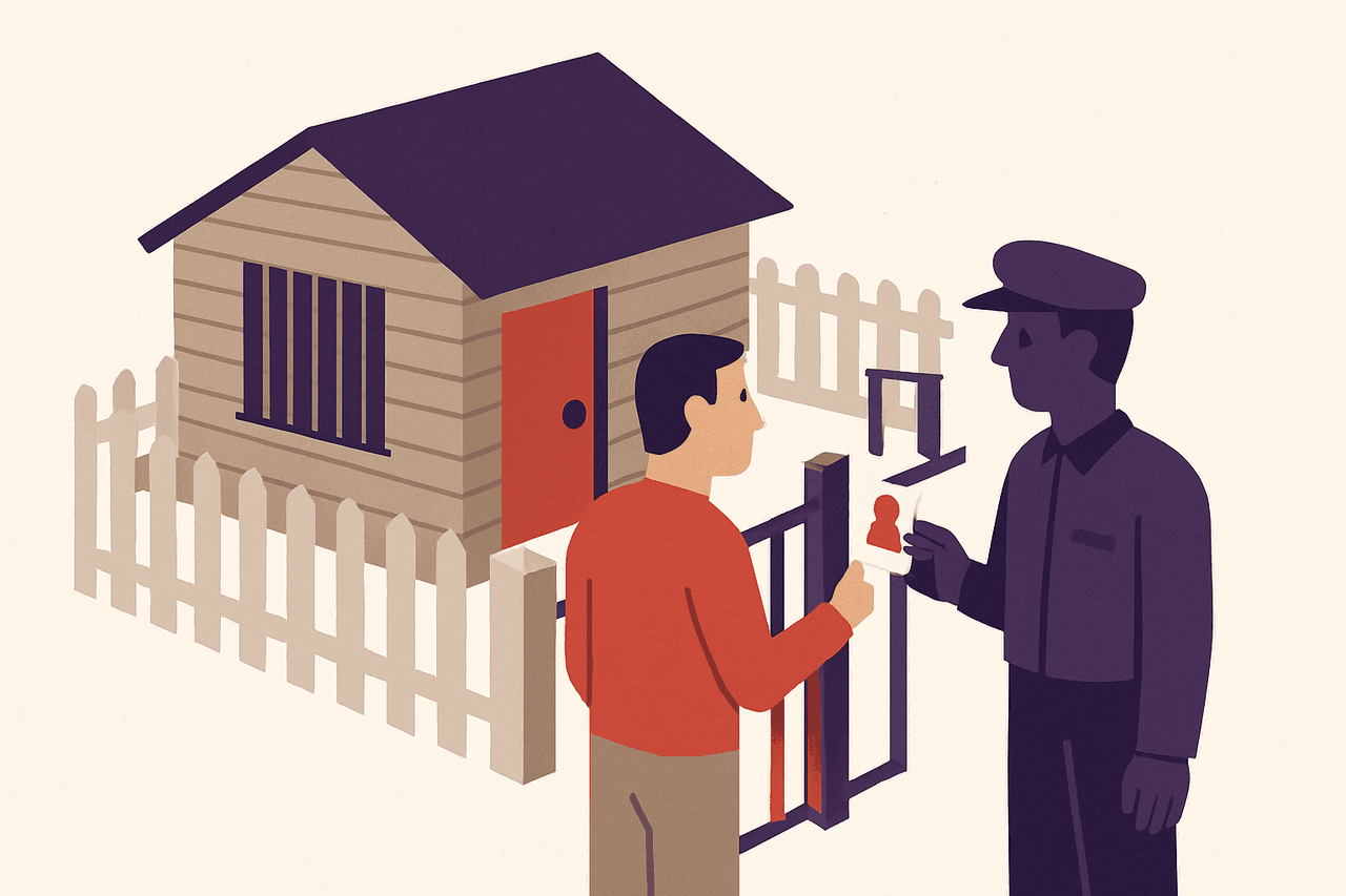 A freshly built cabin having a deadbolt fitted to its door, bars set into its windows, and a gate installed at the fence, while a watchman at the gate checks a visitor's ID card.