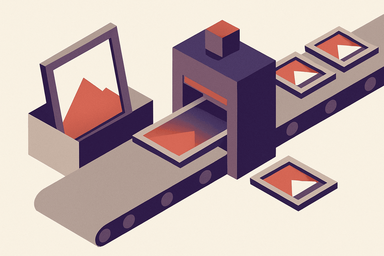 A conveyor belt where large heavy picture frames enter one end, pass through a press that squeezes them smaller and lighter, and neat trimmed copies come out the other end while the originals are set aside in a labelled box.