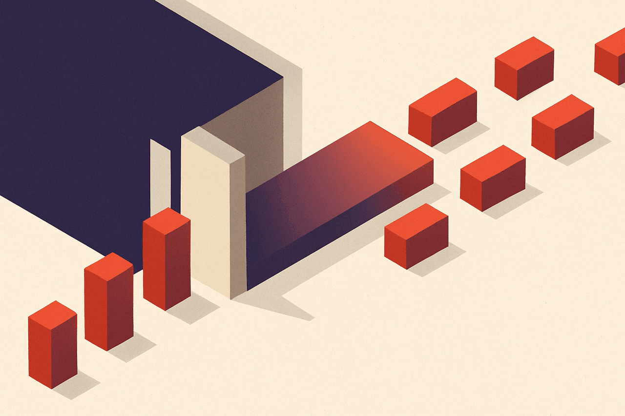 A constricted channel opening wider as queued geometric forms flow through