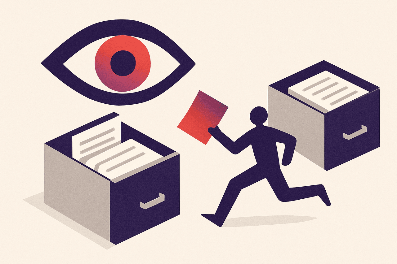 A watchful eye over an open drawer of papers; the instant a sheet is added or changed, a courier carries an identical copy to a second matching drawer nearby.