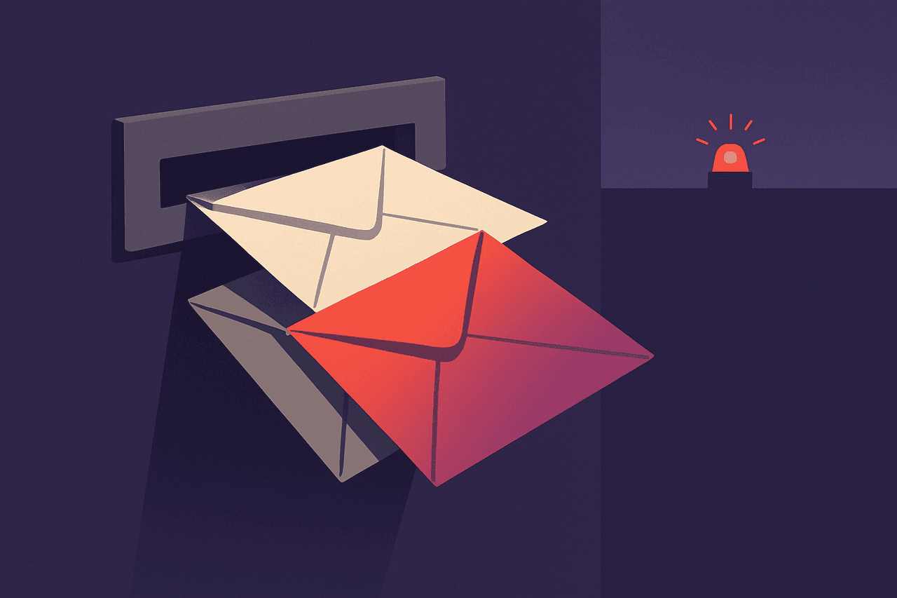 three envelopes dropped into a mail slot, one of them glowing red while a distant siren flashes unnoticed on the horizon