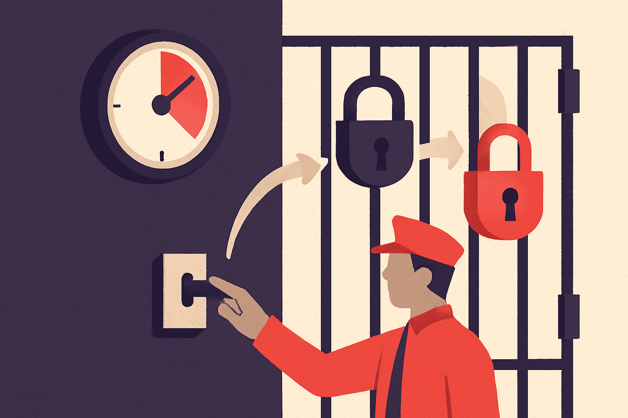 A timer on a wall automatically swapping an old padlock on a gate for a fresh one, while a doorman flips a switch to briefly reopen and reclose the gate.