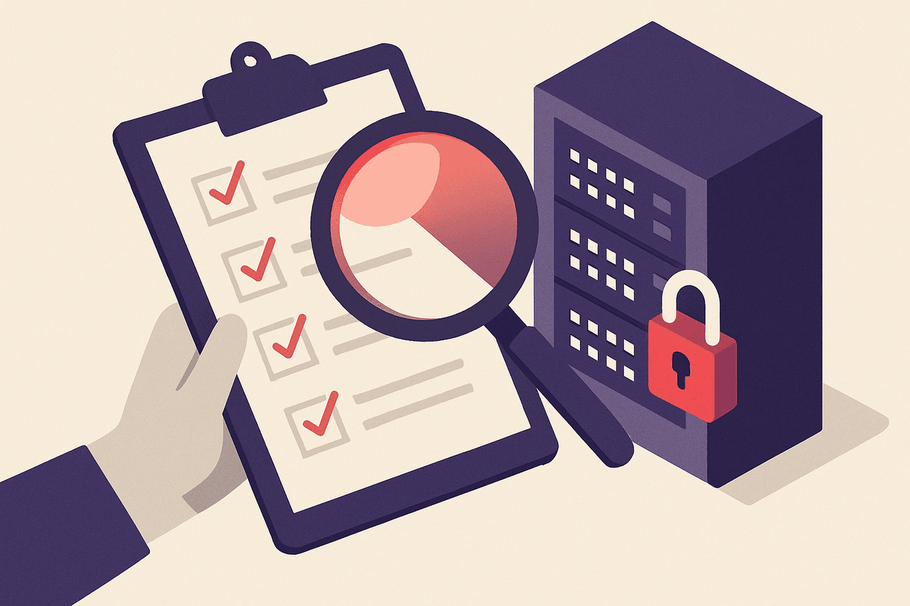 A clipboard holding a printed checklist being carried past a locked server rack, with a magnifying glass hovering over the list — nothing being changed, only inspected and recorded.