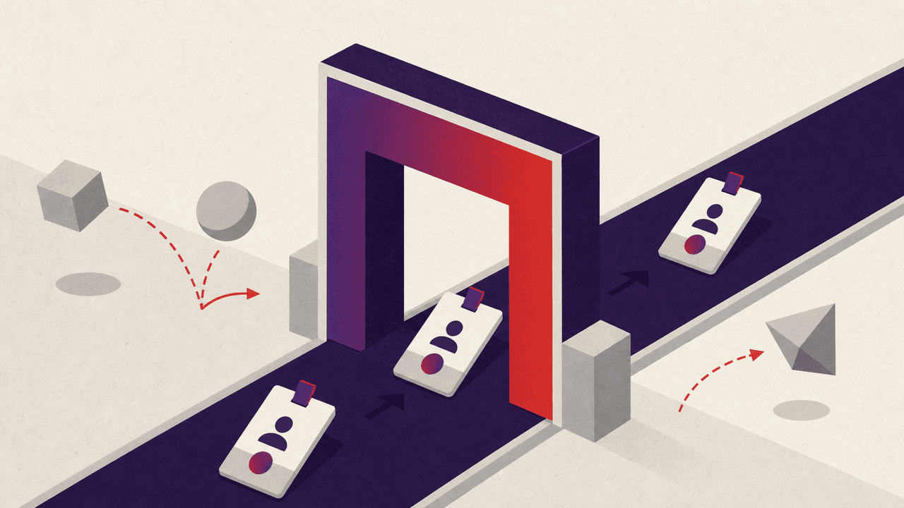 A geometric illustration of a gateway with labeled MAC addresses on approved cards flowing through while unlabeled frames are blocked and rejected at the entrance.