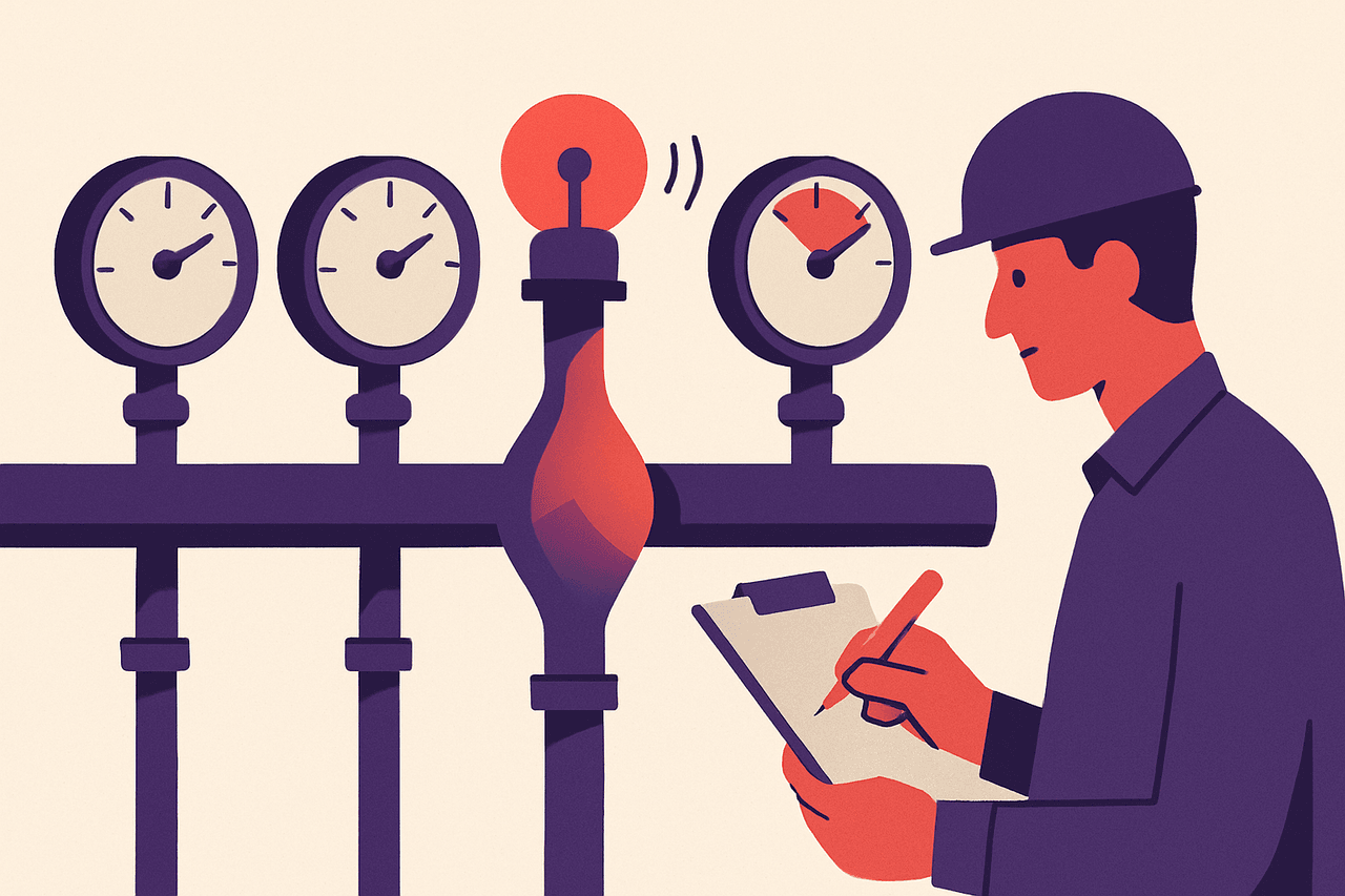 A row of pressure gauges mounted on pipes; one pipe is swelling and its gauge needle is deep in the red while a small alarm bell rings, and an engineer notes it on a clipboard.