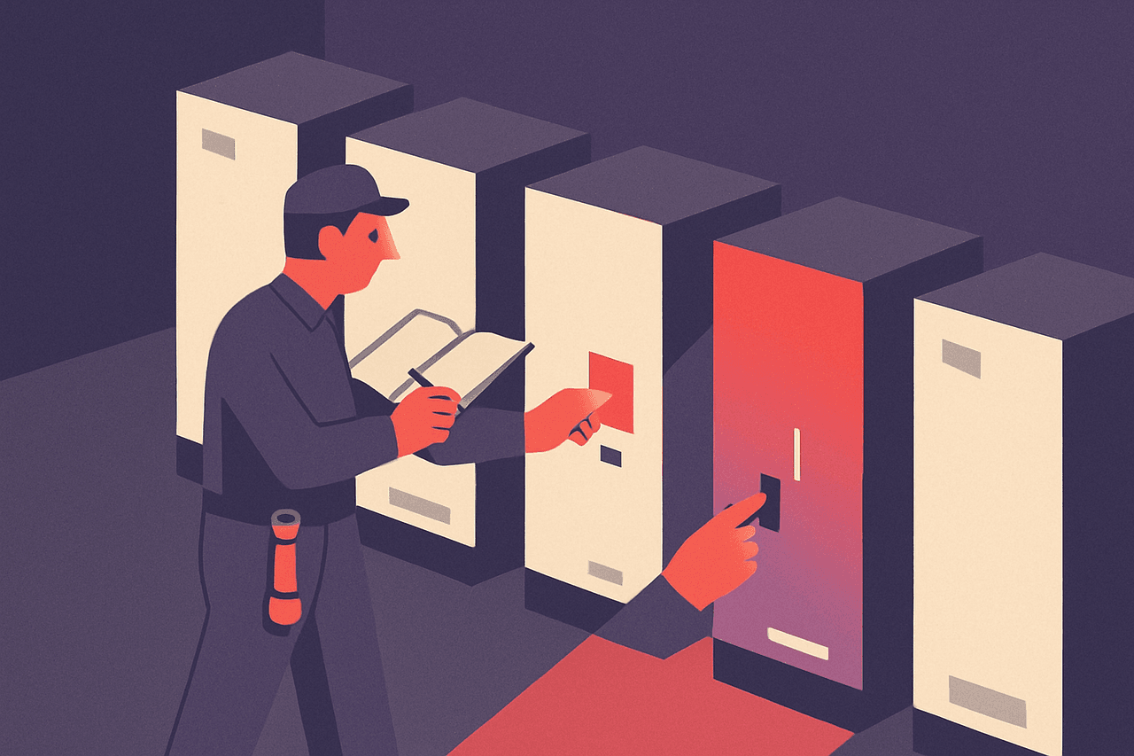 A night watchman walking a row of machines in a dim room, finding one that has gone dark, and flipping its switch back on while noting it in a logbook.