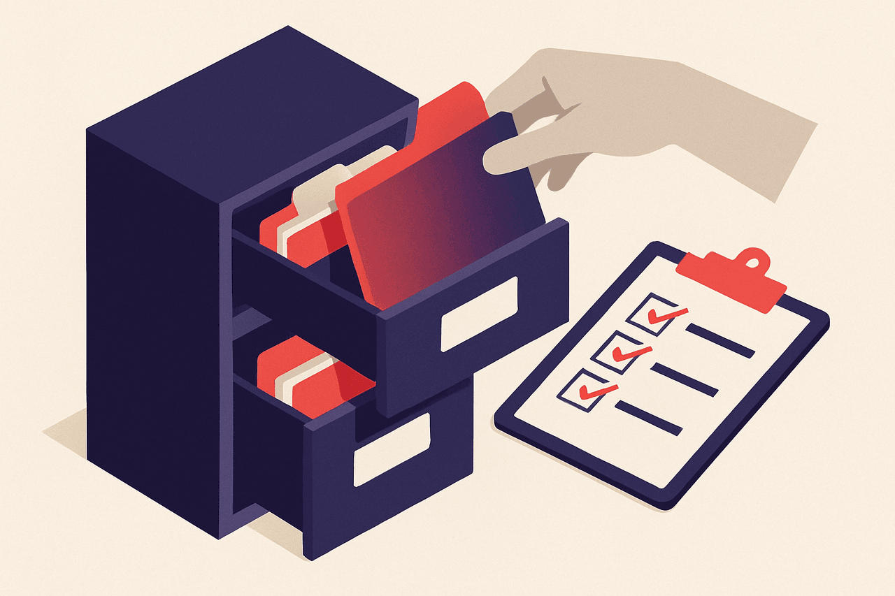 A hand moving name-tagged folders from one labelled drawer of a filing cabinet into another drawer, guided by a checklist on a clipboard.