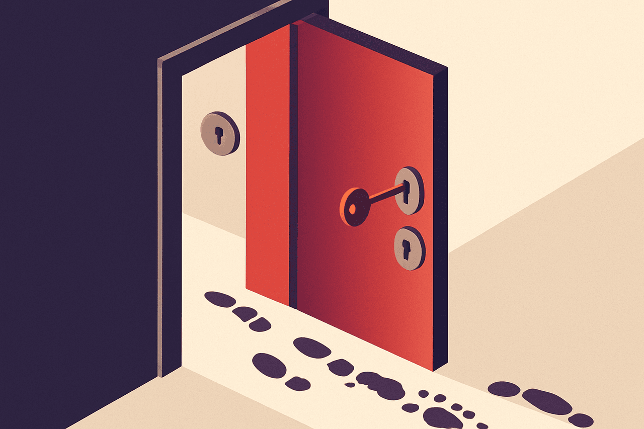 a locked door that has been opened with a second key after the first lock was thought to be replaced, with muddy footprints already leading past it