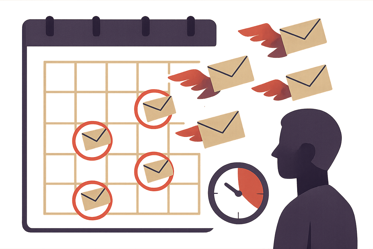 A calendar page with several dates circled, each with a small envelope flying out toward a person, while a clock ticks down in the corner.