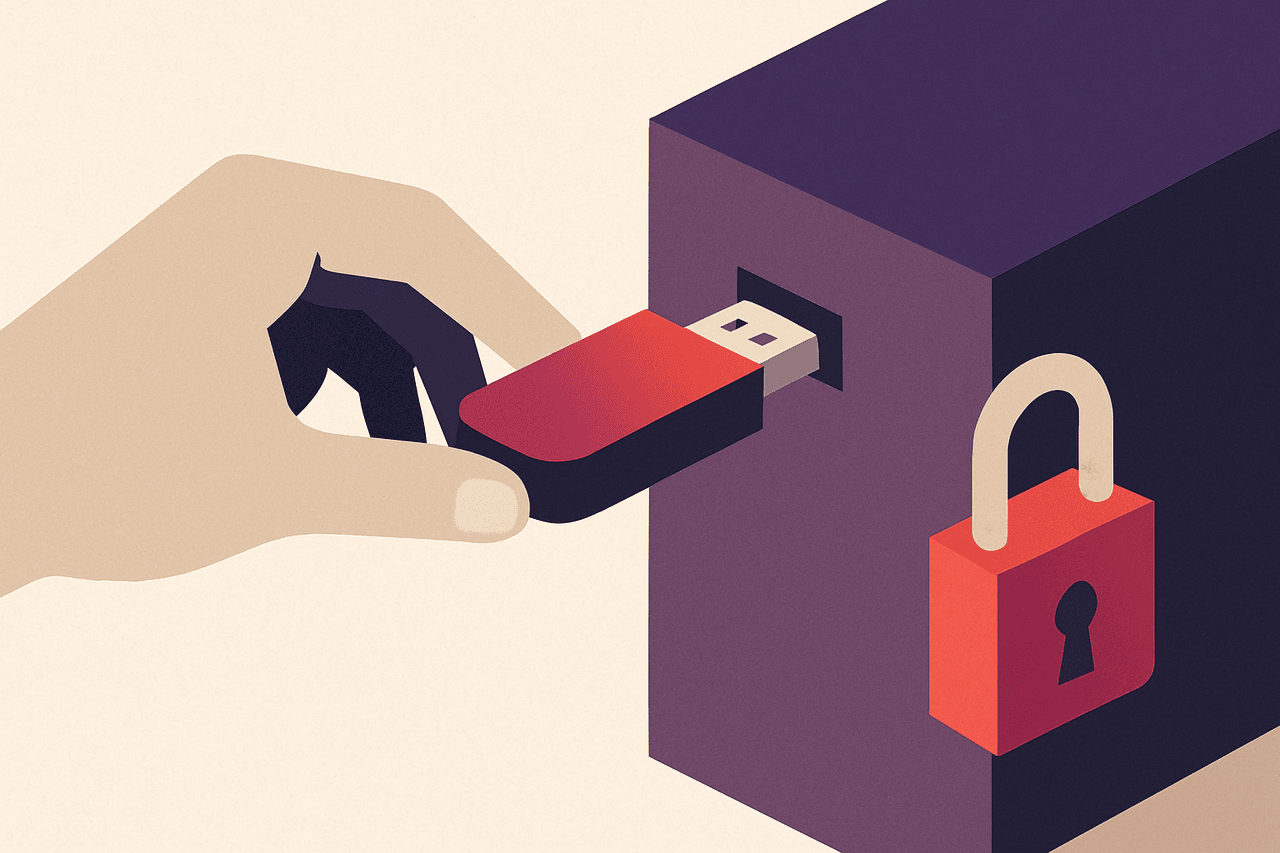 a hand inserting a suspicious USB stick into a locked machine while a padlock hangs unused on the side