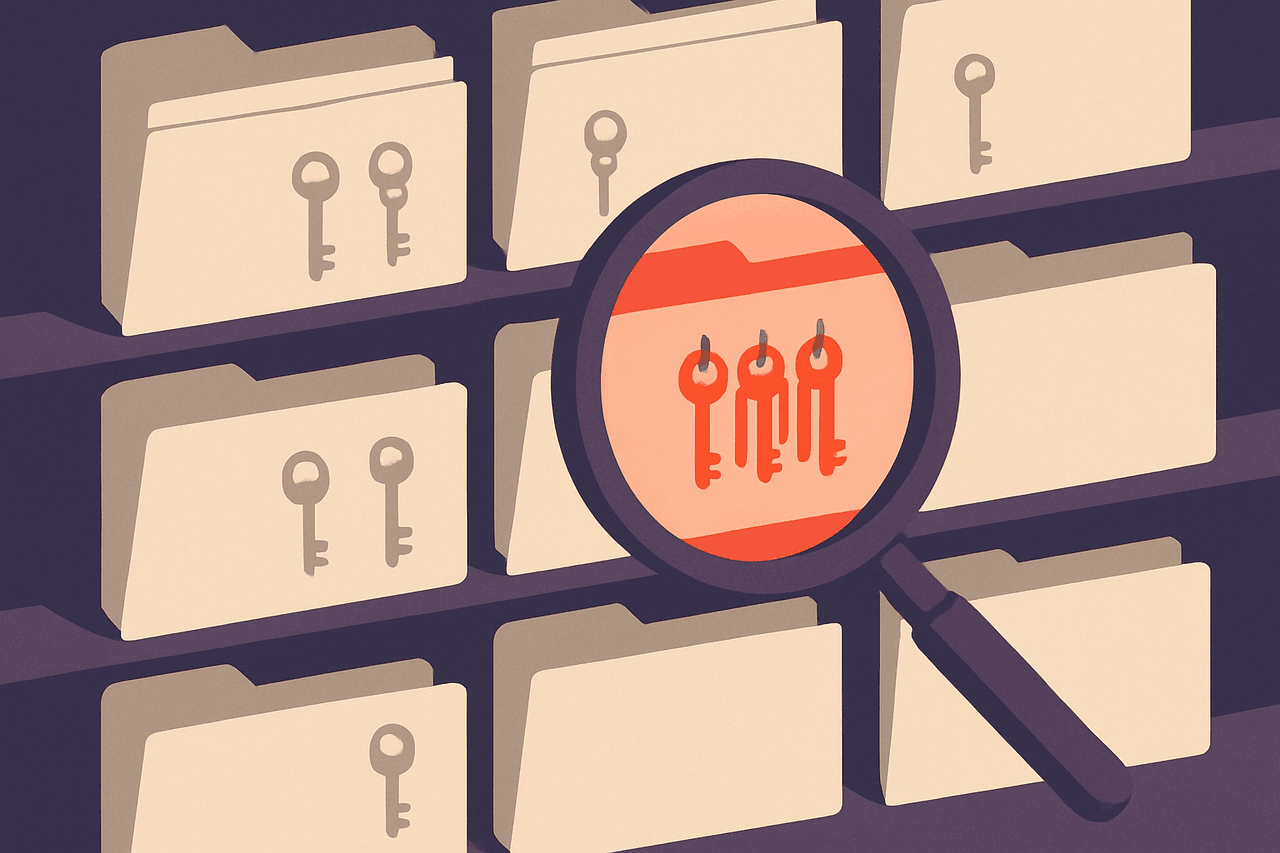 A magnifying glass moving over a wall of stacked folders, some folders glowing red where too many keys hang on their hooks.