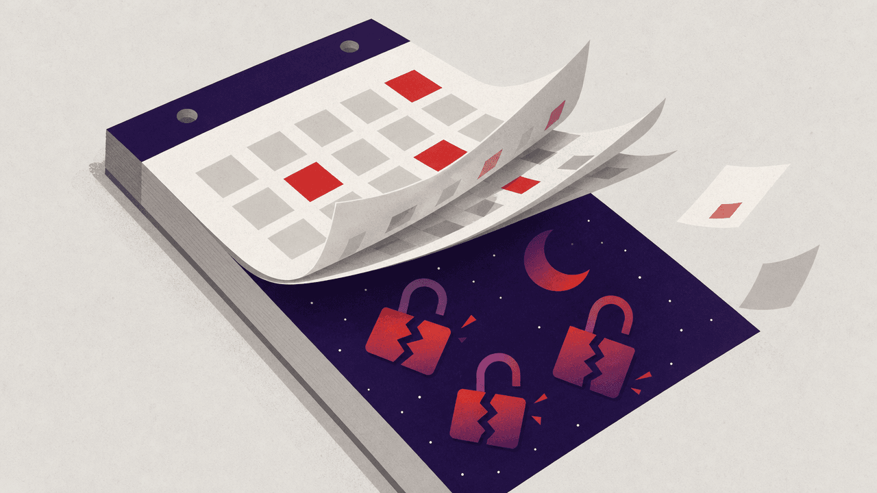 A stack of calendar sheets peeling back to expose a dark night scene scattered with broken padlock icons, representing off-hours logon failures being revealed and reported.