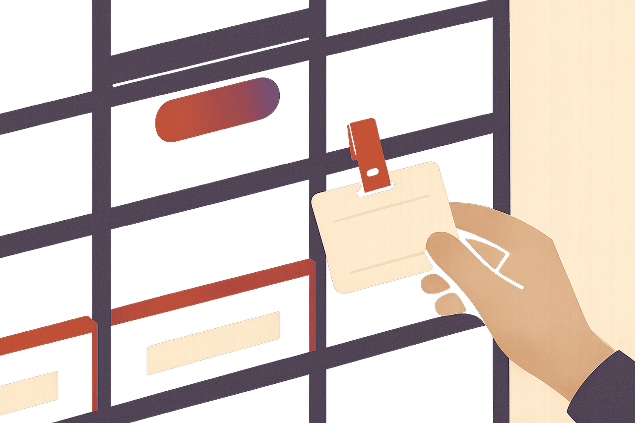 A blank staff badge being filled in with a name and slotted into two labelled pigeonholes on a wall of pigeonholes.