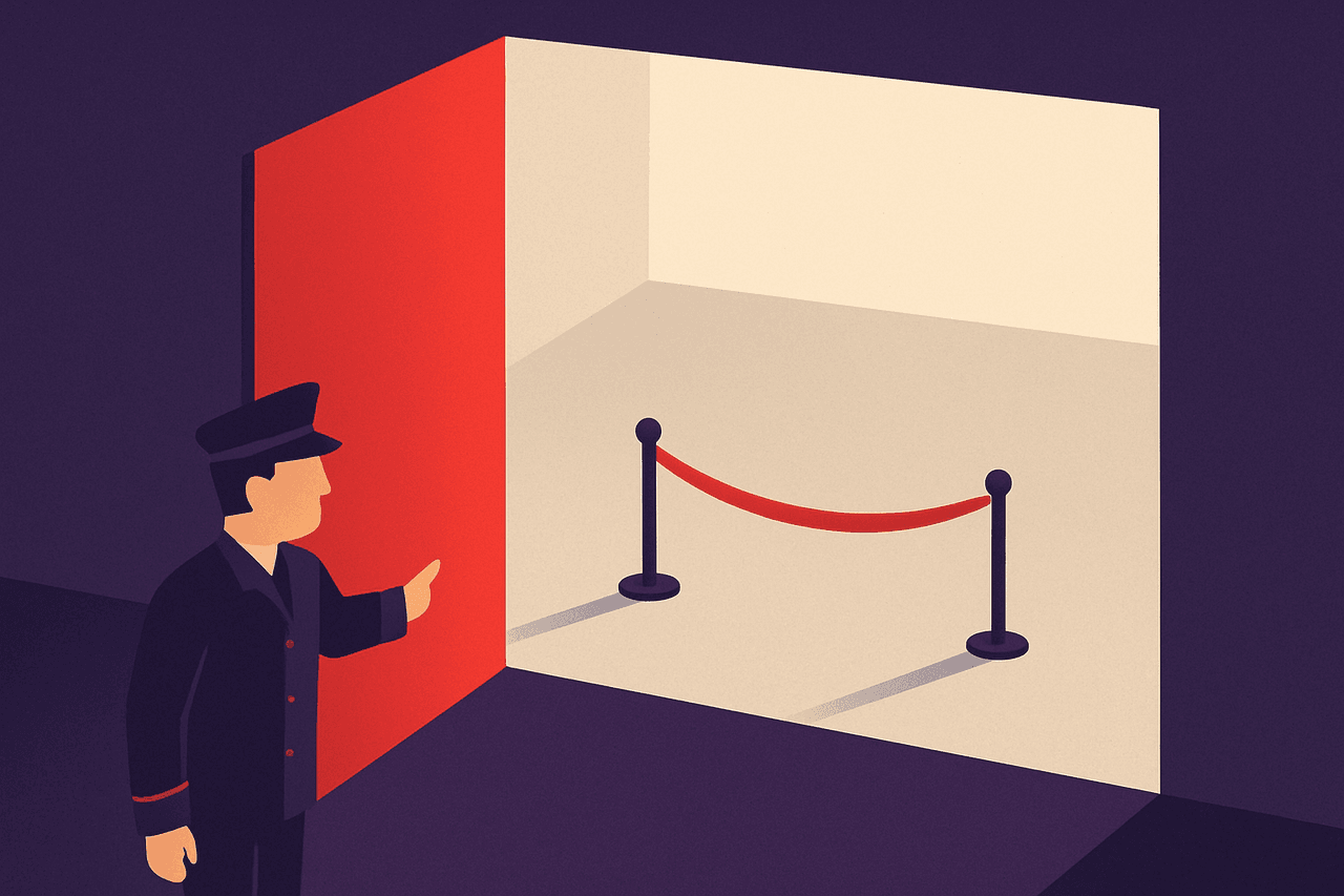 a doorman holding open an enormous empty room for a guest who never arrives, and the room staying roped off long after everyone has left