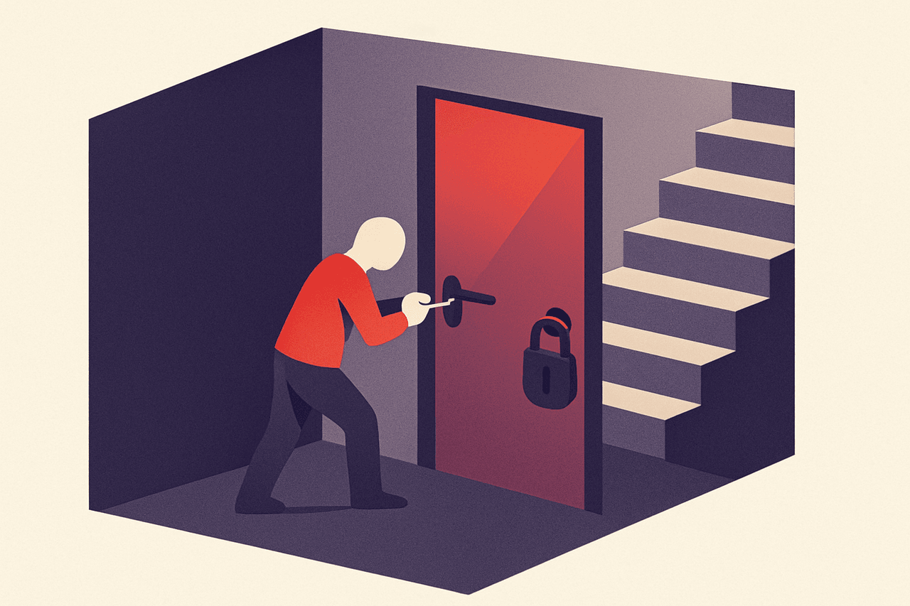 a person already standing inside a locked room using a small tool to force open a second, larger door that leads upstairs