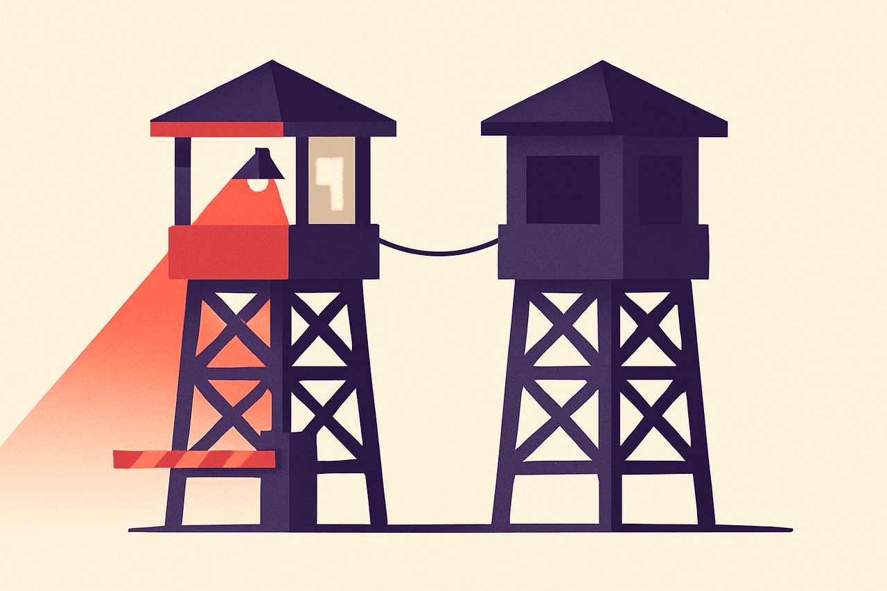 Two identical guard towers standing side by side joined by a short cable, one tower lit and manning the gate while the second stands dark but ready, its lamp about to switch on the moment the first goes out.