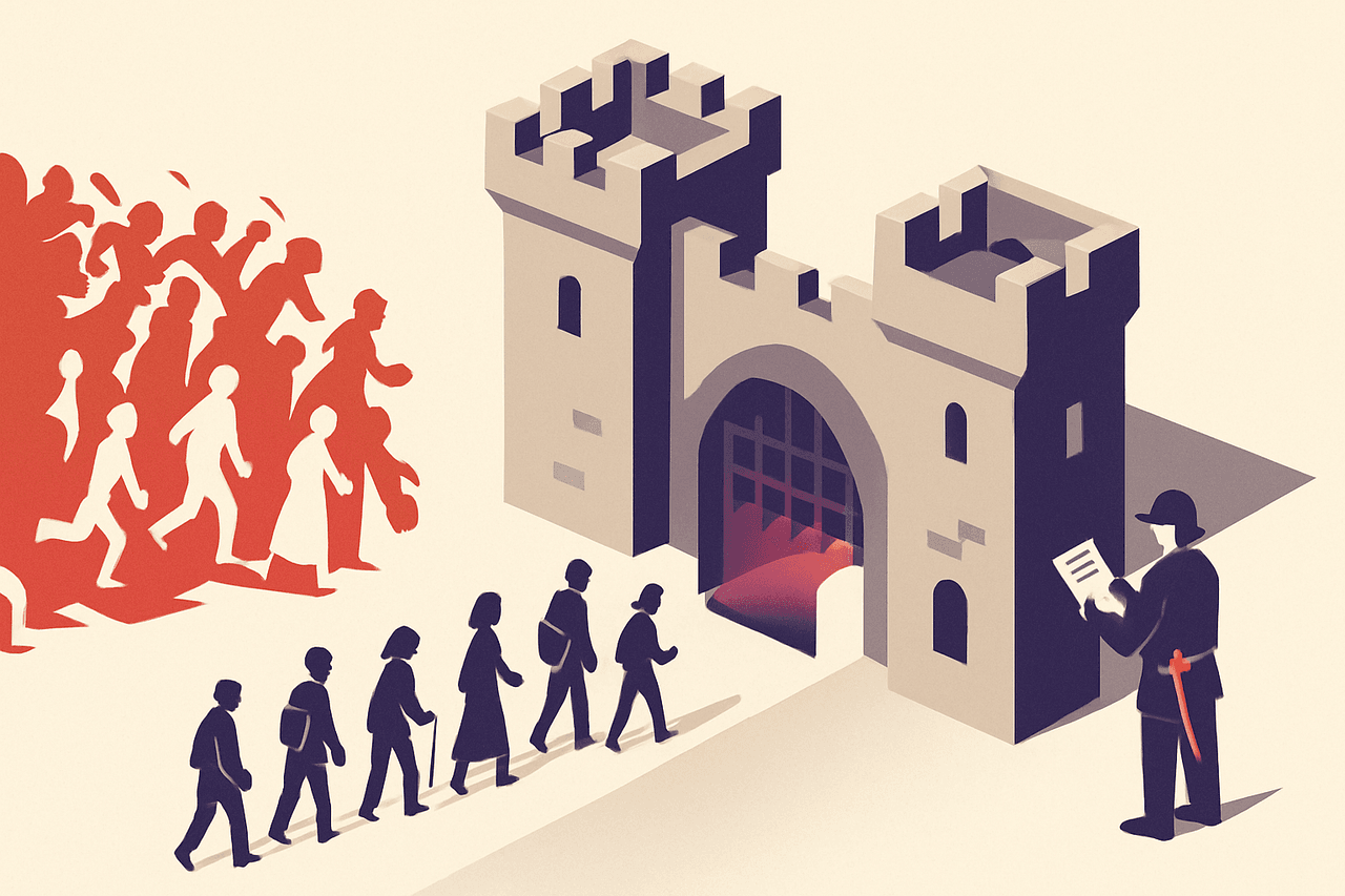 A castle gatehouse with a portcullis that lets a normal trickle of travellers through but slams down when a stampeding crowd rushes it, while a guard reads a tally sheet of arrivals per minute.