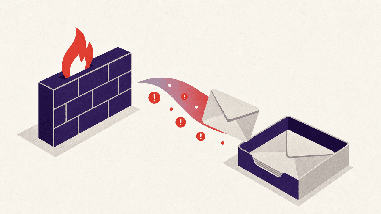 A geometric vector illustration showing an envelope with alert symbols emerging from a stylized firewall and traveling toward an open inbox.