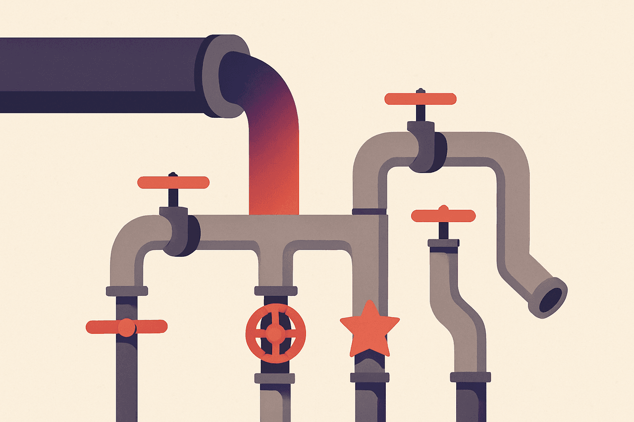 Water flowing from one wide pipe into several narrower pipes, each with its own adjustable valve, one pipe labelled with a star for priority while a smaller one is pinched nearly shut.