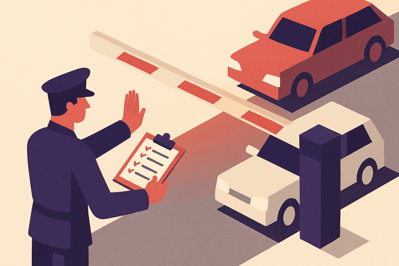 a uniformed gatekeeper at a road barrier checking each arriving vehicle against a numbered checklist on a clipboard, waving some through the gate and turning others back