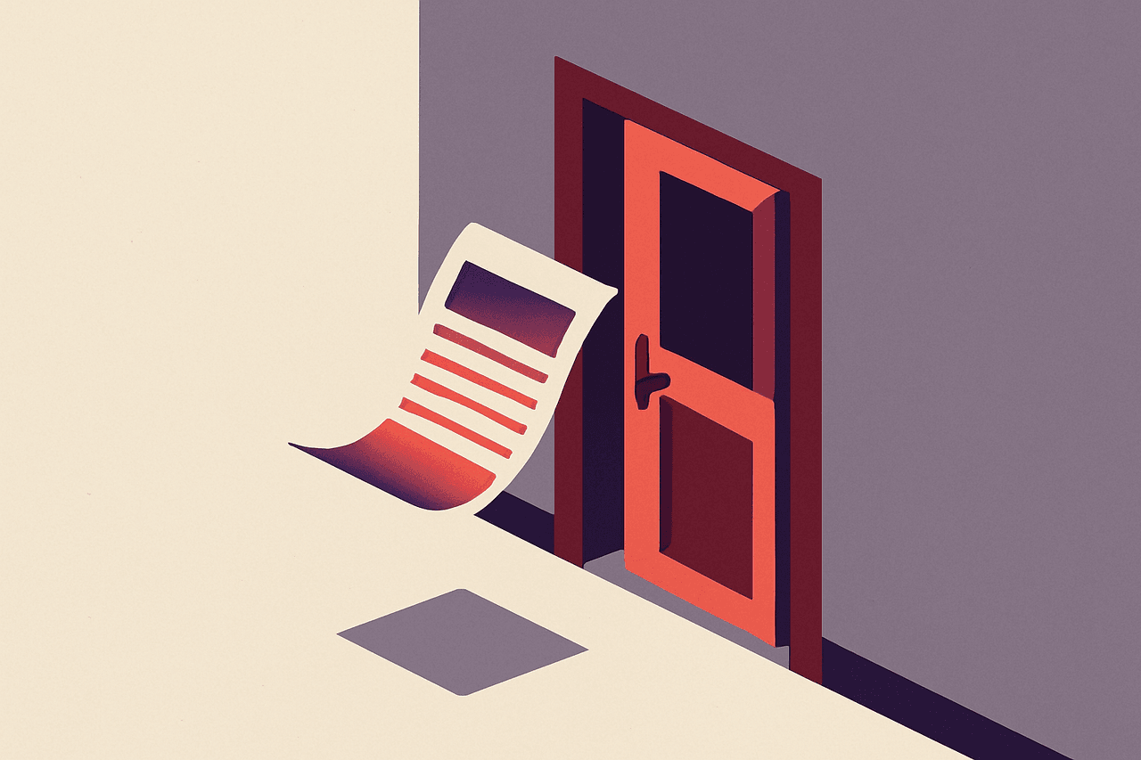a printed document being lifted out of an unlocked office door left standing open to the street